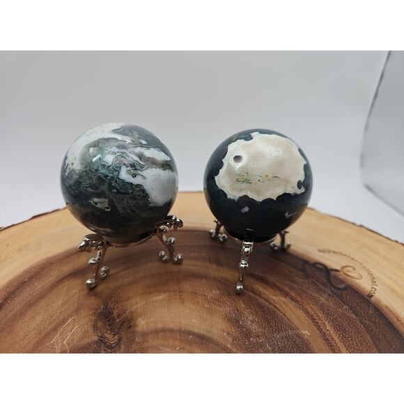 1 Pair Moss Tree Agate Sphere W/Stand 52mm .93lb - Picture 9 of 10